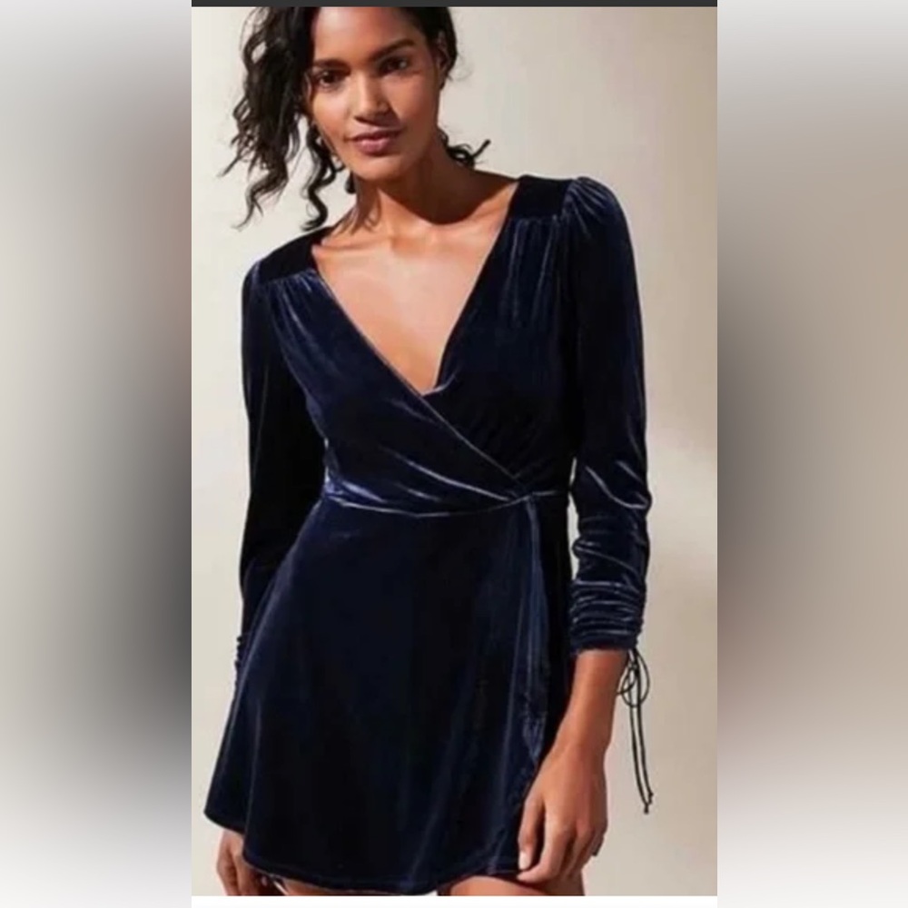 Urban Outfitters Navy Velvet Romper XS. Flowy surplice skirt; deep v neck.Sexy